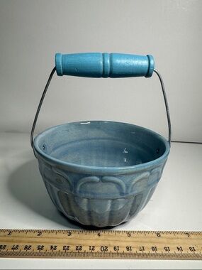 Vintage Blue Ceramic Basket Bowl with Wooden Handle adorable collectible
